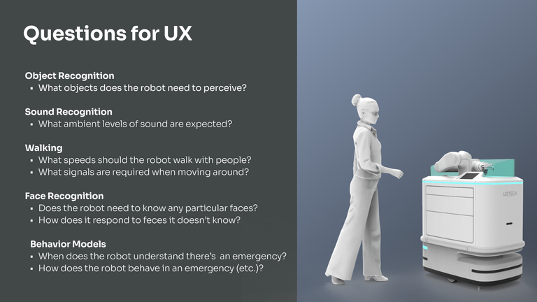 Image of a slide with a list of questions for UX during Robot design